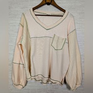 Pol Balloon Sleeve Pieced Oversized Contrast Stitch Long Sleeve Top Thermal Knit